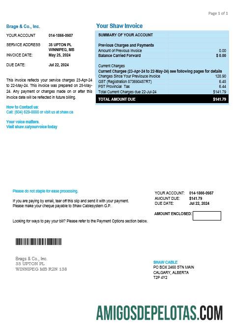 imprimível Modelo de conta de serviços públicos Shaw do Canadá em formatos Word e PDF